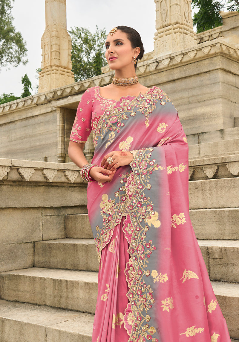 Monjolika Fashion Pink Embroidered Silk Blend Sangeet Contemporary Saree - Distacart