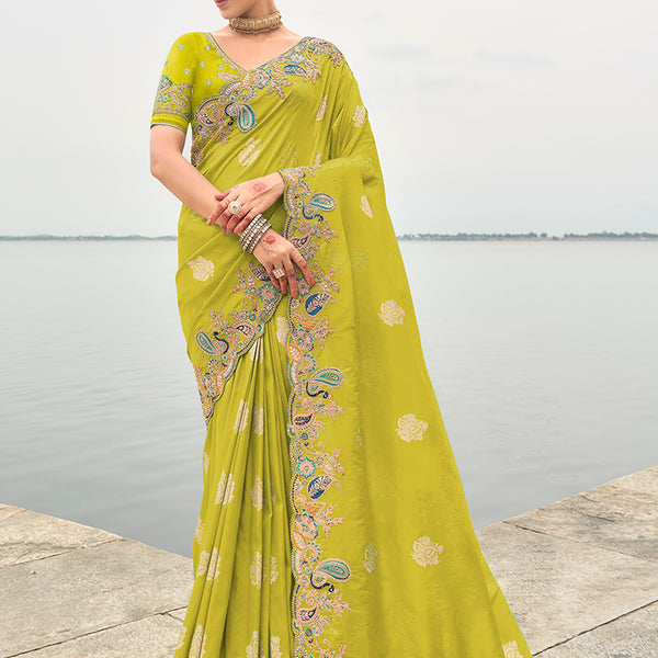 Monjolika Fashion Embroidered Silk Blend Green Designer Saree