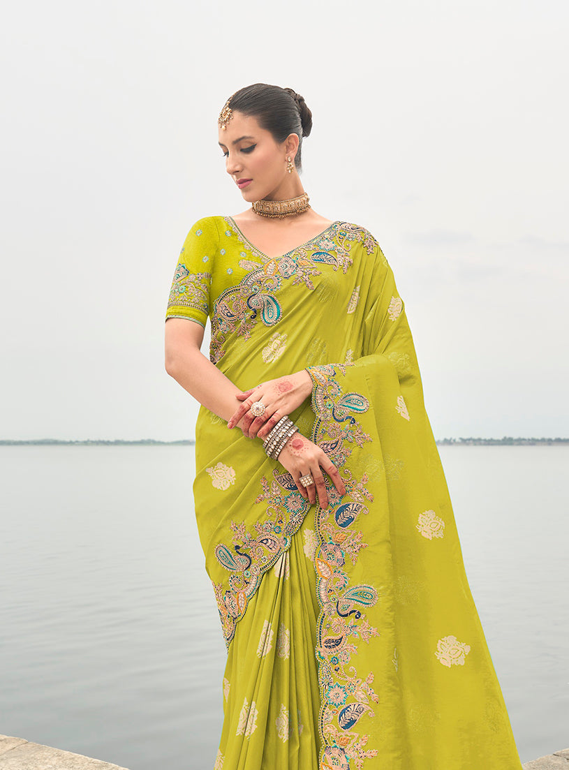 Monjolika Fashion Embroidered Silk Blend Green Designer Saree