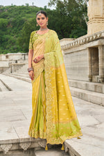 Thumbnail for Monjolika Fashion Green And Yellow Stone Silk Blend Traditional Saree