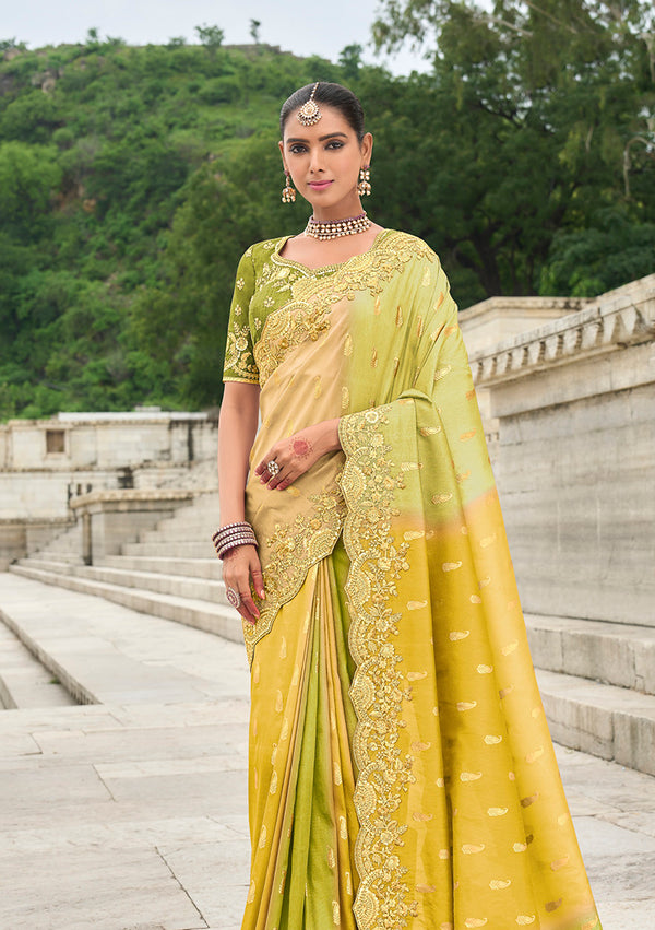 Monjolika Fashion Green And Yellow Stone Silk Blend Traditional Saree