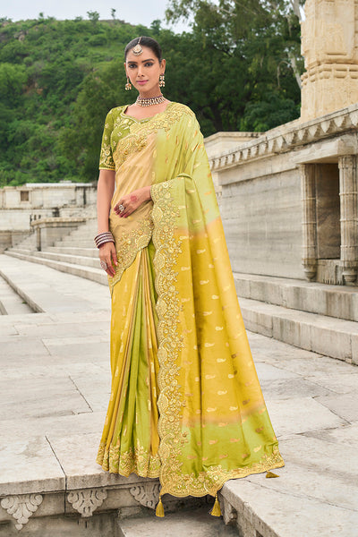 Monjolika Fashion Green And Yellow Stone Silk Blend Traditional Saree