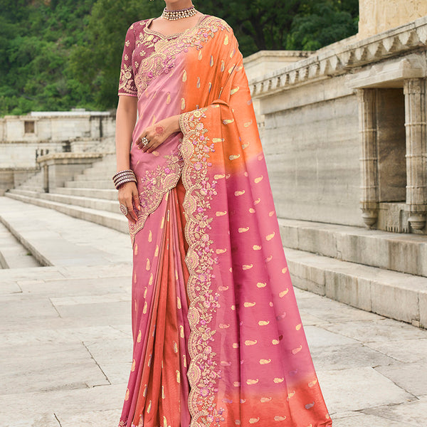 Monjolika Fashion Silk Blend Pink And Orange Buttis Trendy Saree