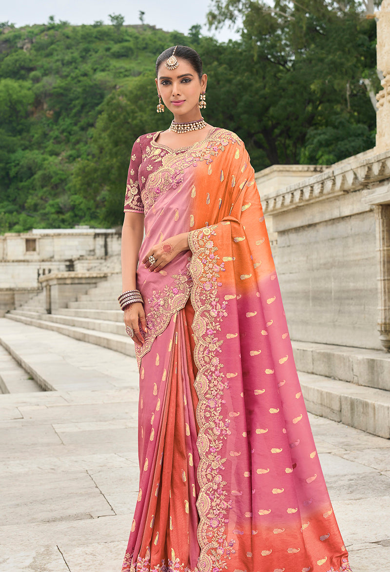 Monjolika Fashion Silk Blend Pink And Orange Buttis Trendy Saree