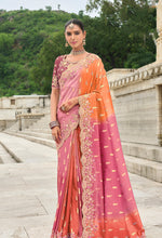 Thumbnail for Monjolika Fashion Silk Blend Pink And Orange Buttis Trendy Saree