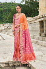 Thumbnail for Monjolika Fashion Silk Blend Pink And Orange Buttis Trendy Saree