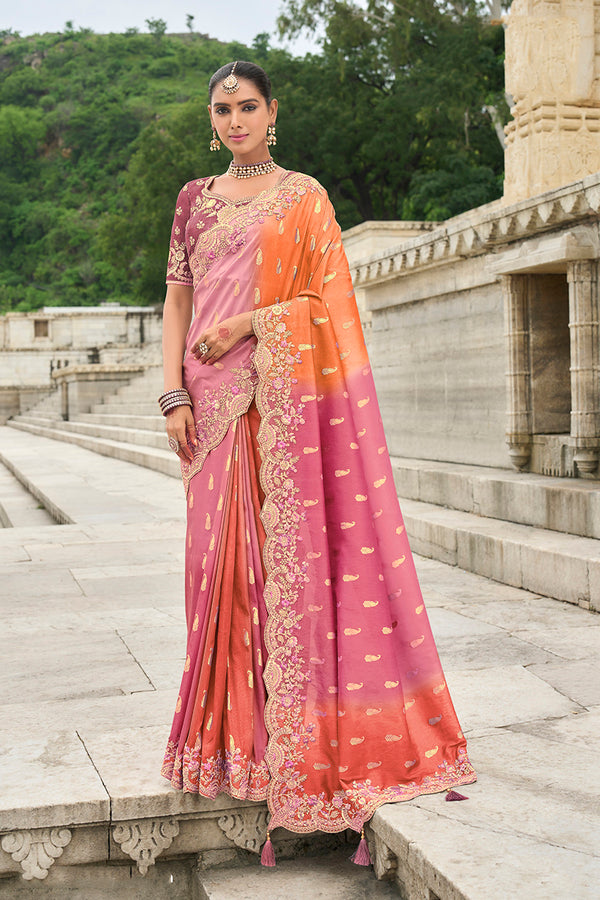 Monjolika Fashion Silk Blend Pink And Orange Buttis Trendy Saree