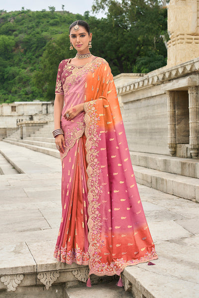 Monjolika Fashion Silk Blend Pink And Orange Buttis Trendy Saree