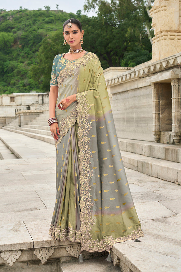 Monjolika Fashion Embroidered Green And Grey Silk Blend Wedding Classic Saree