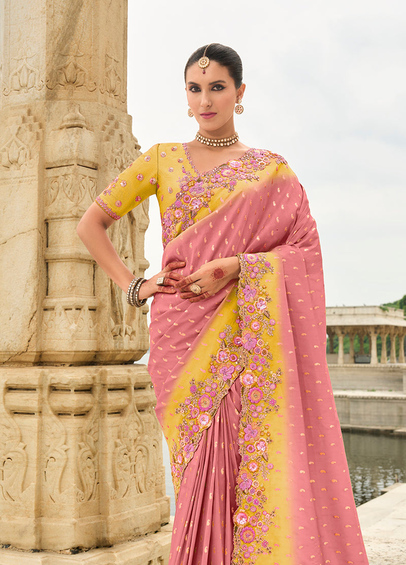 Monjolika Fashion Silk Blend Pink Embroidered Contemporary Saree - Distacart
