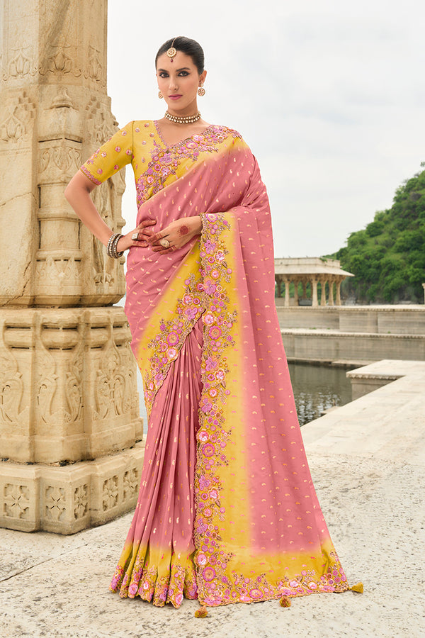 Monjolika Fashion Silk Blend Pink Embroidered Contemporary Saree