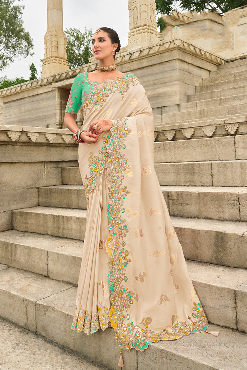 Monjolika Fashion Silk Blend Butta Off White Reception Traditional Saree - Distacart
