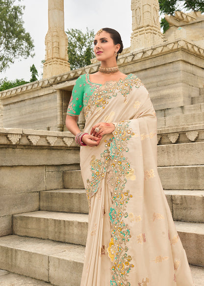 Monjolika Fashion Silk Blend Butta Off White Reception Traditional Saree - Distacart
