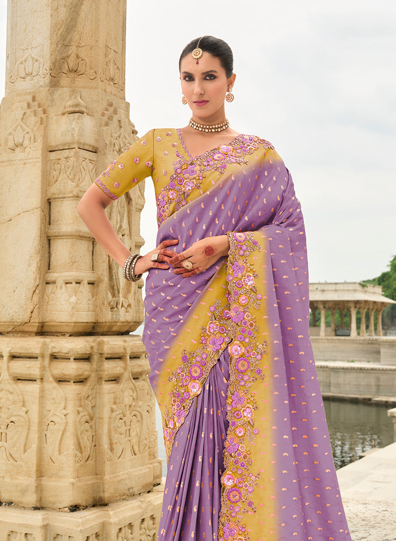 Monjolika Fashion Embroidered Silk Blend Lavender Trendy Saree - Distacart