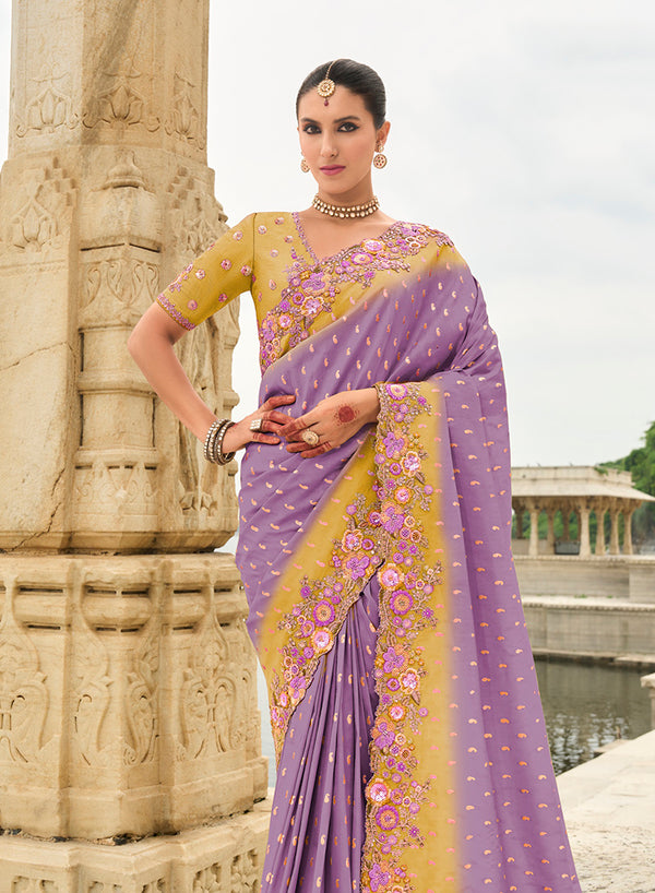 Monjolika Fashion Embroidered Silk Blend Lavender Trendy Saree