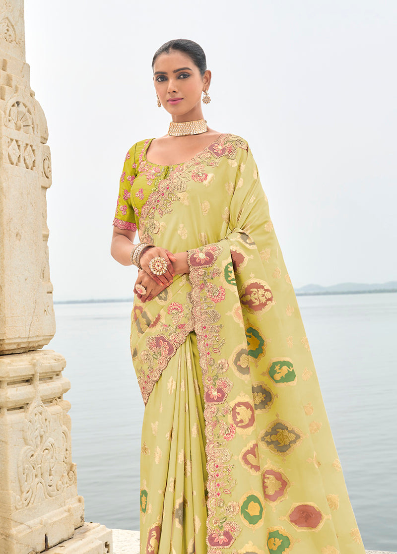 Monjolika Fashion Silk Blend Stone Green Classic Saree - Distacart