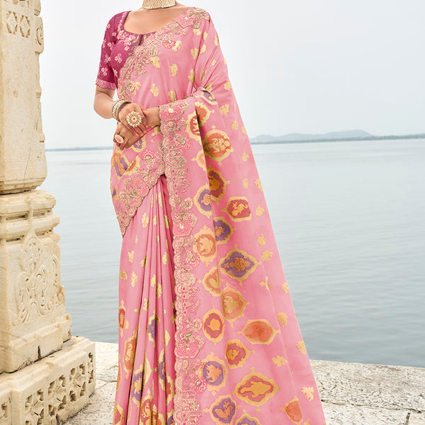 Monjolika Fashion Pink Cutwork Silk Blend Contemporary Saree
