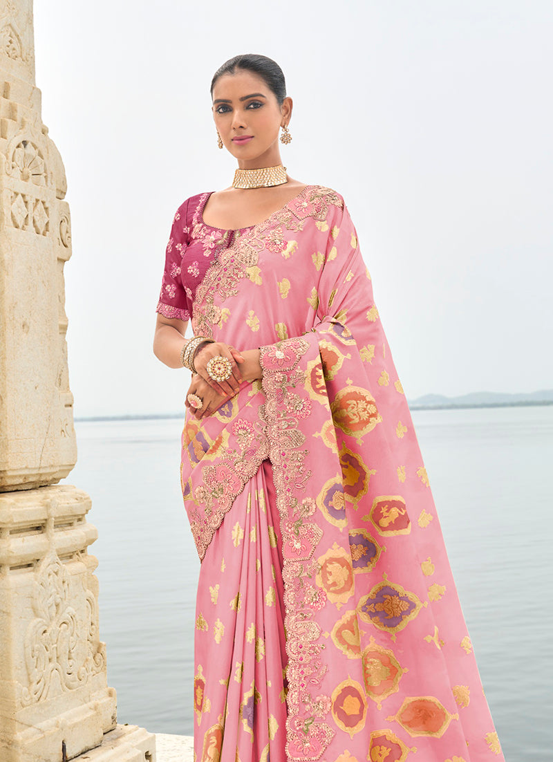 Monjolika Fashion Pink Cutwork Silk Blend Contemporary Saree