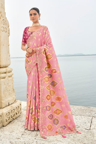 Monjolika Fashion Pink Cutwork Silk Blend Contemporary Saree