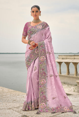 Monjolika Fashion Lavender Color Banarasi Silk Blend Embroidered With Heavy Patchwork Border Saree