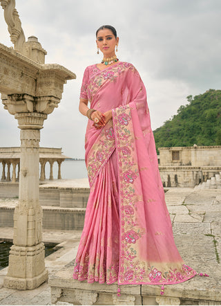 Monjolika Fashion Pink Color Banarasi Silk Blend Sequin Embroidered With Heavy Patchwork Border Saree