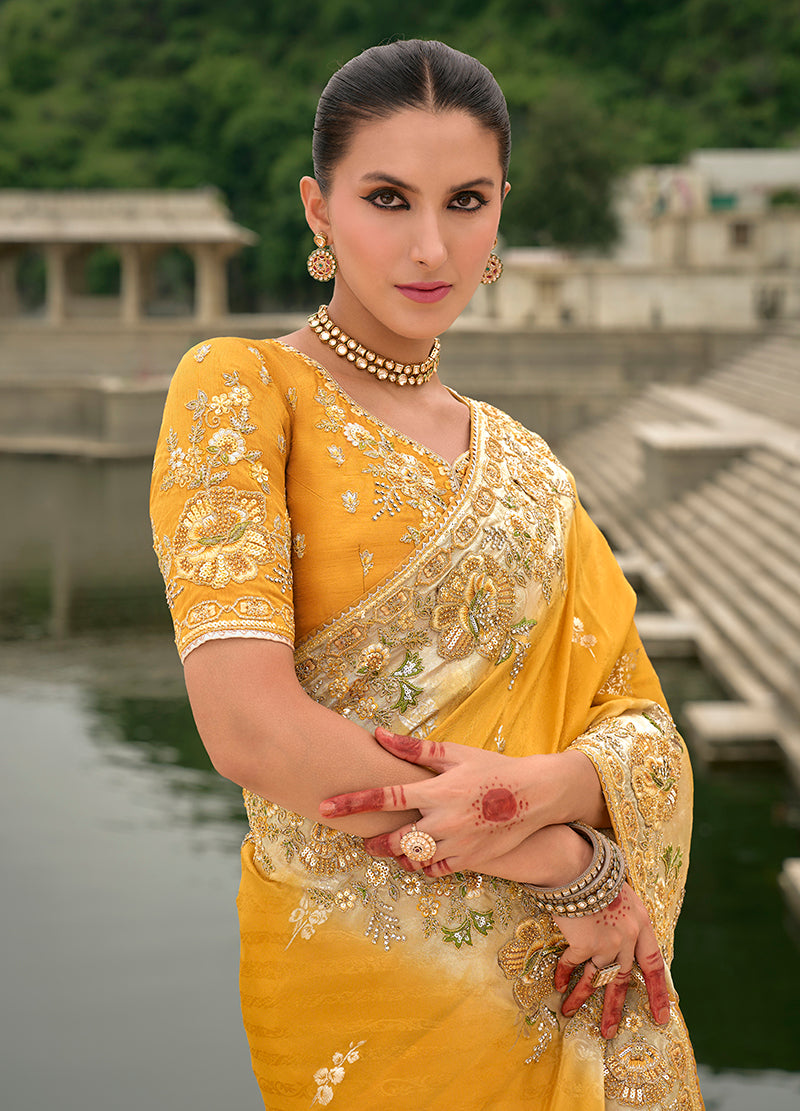Monjolika Fashion Yellow Color Banarasi Silk Blend Sequin Embroidered With Heavy Patchwork Border Saree - Distacart