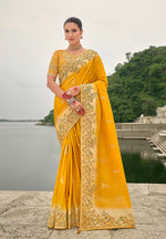 Thumbnail for Monjolika Fashion Yellow Color Banarasi Silk Blend Sequin Embroidered With Heavy Patchwork Border Saree - Distacart