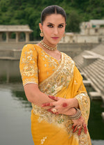 Thumbnail for Monjolika Fashion Yellow Color Banarasi Silk Blend Sequin Embroidered With Heavy Patchwork Border Saree - Distacart