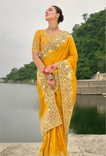 Thumbnail for Monjolika Fashion Yellow Color Banarasi Silk Blend Sequin Embroidered With Heavy Patchwork Border Saree - Distacart