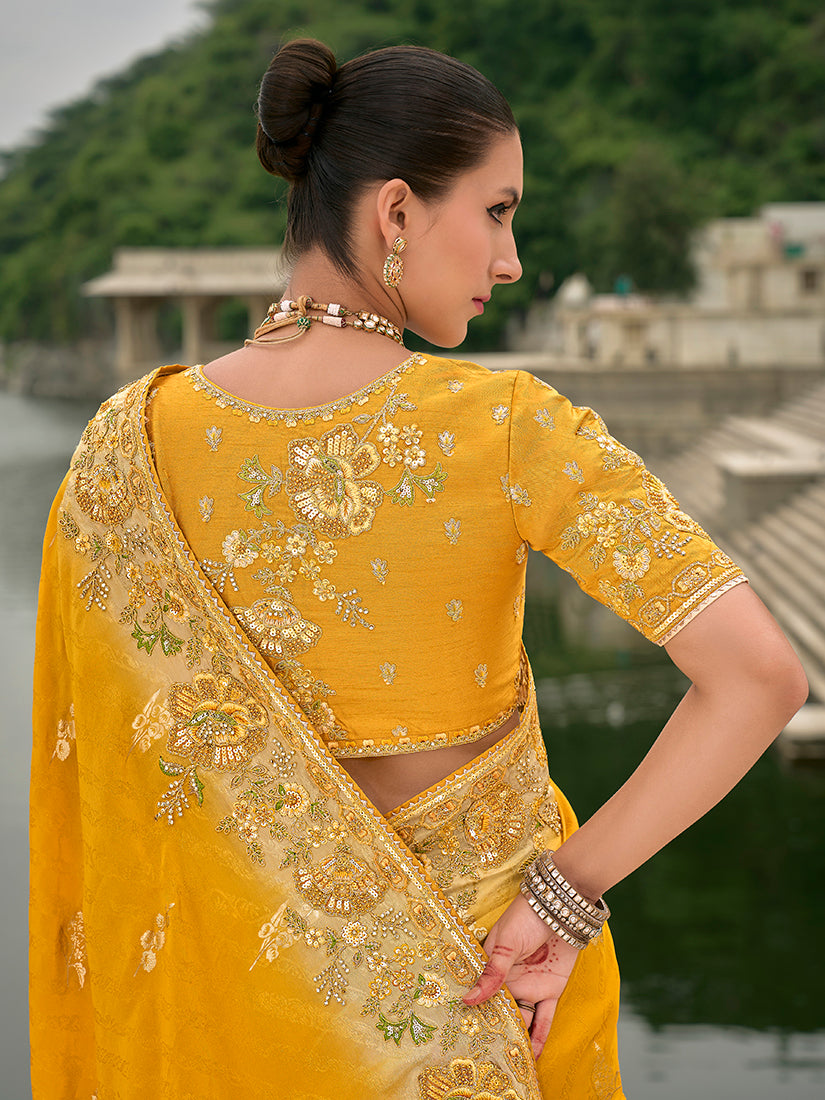 Monjolika Fashion Yellow Color Banarasi Silk Blend Sequin Embroidered With Heavy Patchwork Border Saree - Distacart