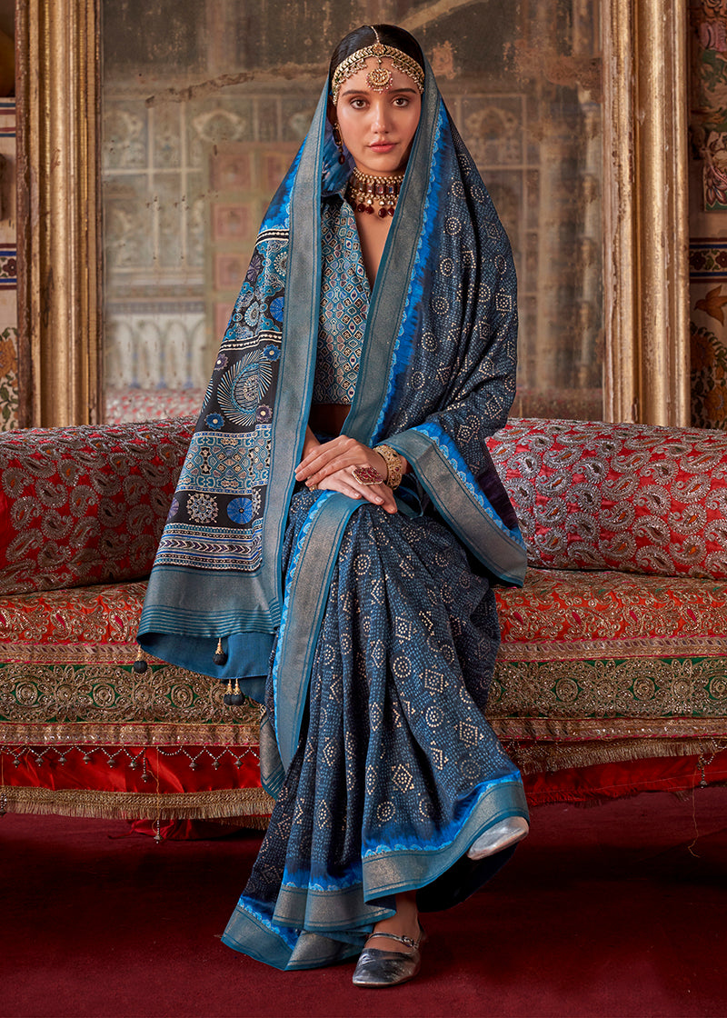 Monjolika Fashion Silk Blend Blue Printed Contemporary Saree - Distacart