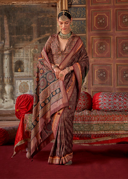 Monjolika Fashion Silk Blend Brown Printed Contemporary Saree - Distacart