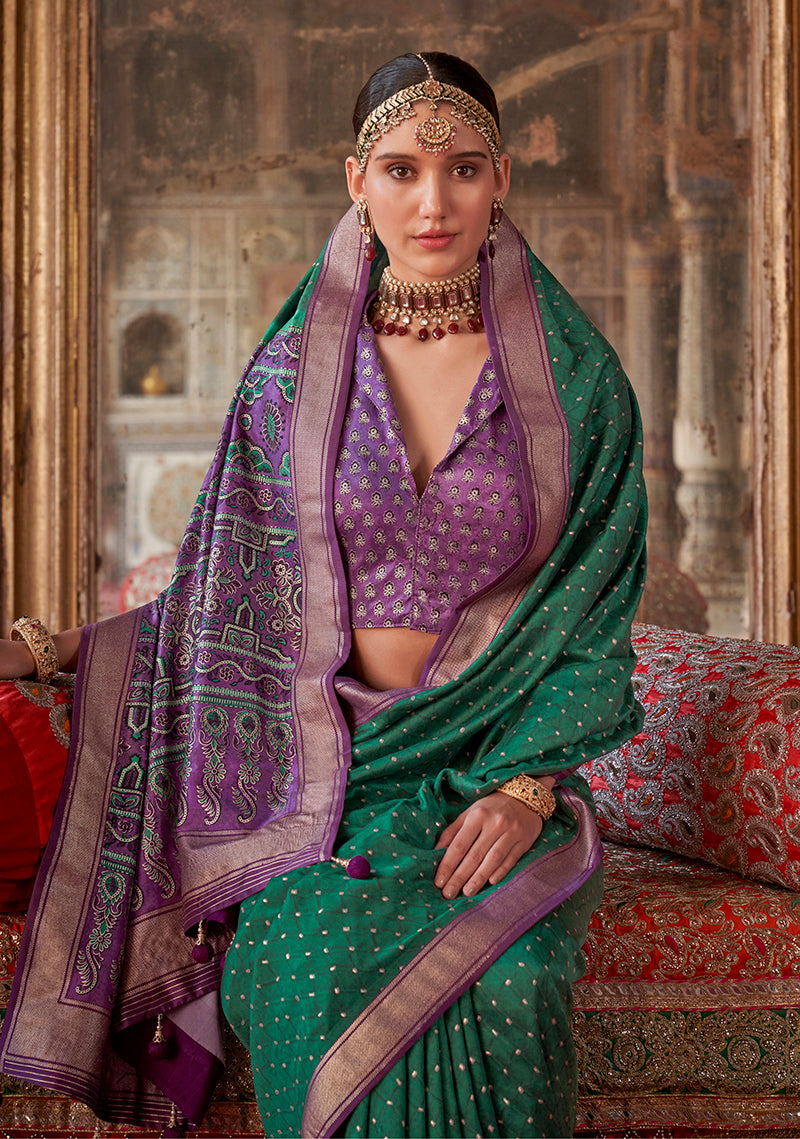 Monjolika Fashion Silk Blend Green Printed Contemporary Saree - Distacart
