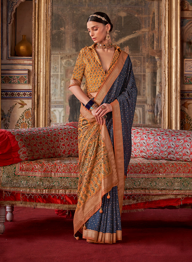 Monjolika Fashion Silk Blend Navy Blue Printed Contemporary Saree - Distacart