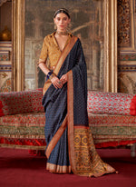Thumbnail for Monjolika Fashion Silk Blend Navy Blue Printed Contemporary Saree - Distacart