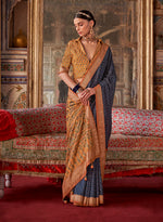 Thumbnail for Monjolika Fashion Silk Blend Navy Blue Printed Contemporary Saree - Distacart