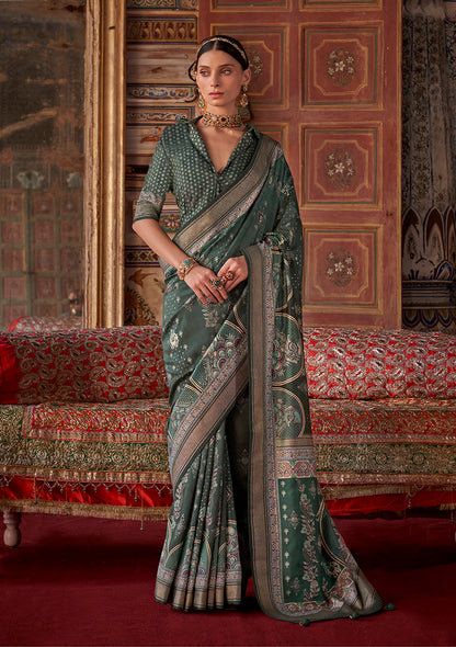 Monjolika Fashion Silk Blend Dark Green Printed Contemporary Saree - Distacart