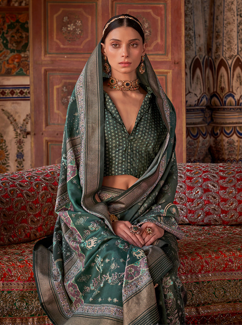Monjolika Fashion Silk Blend Dark Green Printed Contemporary Saree - Distacart