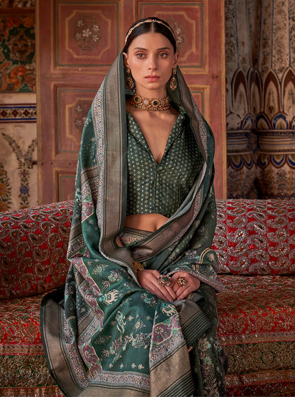 Monjolika Fashion Silk Blend Dark Green Printed Contemporary Saree - Distacart