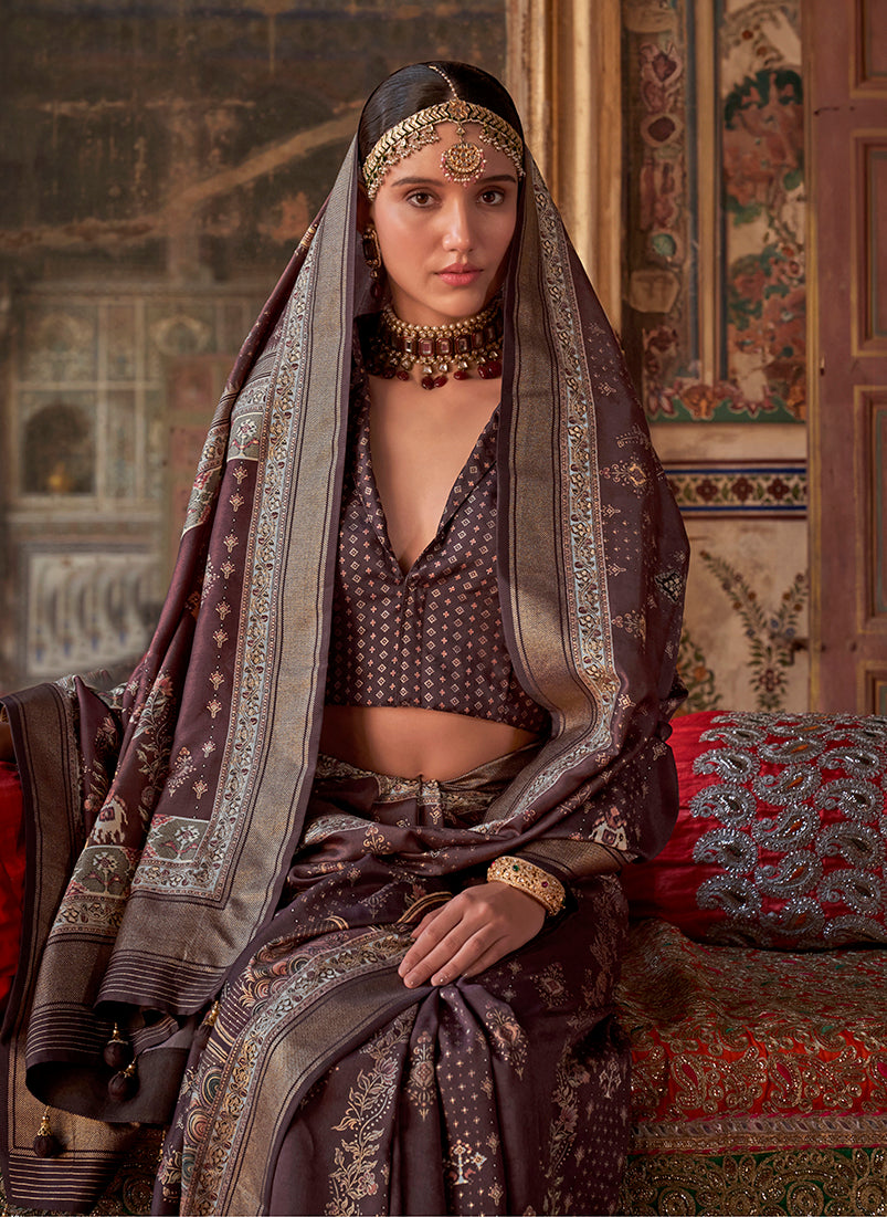 Monjolika Fashion Silk Blend Dark Brown Printed Contemporary Saree - Distacart
