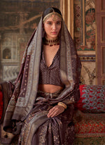Thumbnail for Monjolika Fashion Silk Blend Dark Brown Printed Contemporary Saree - Distacart