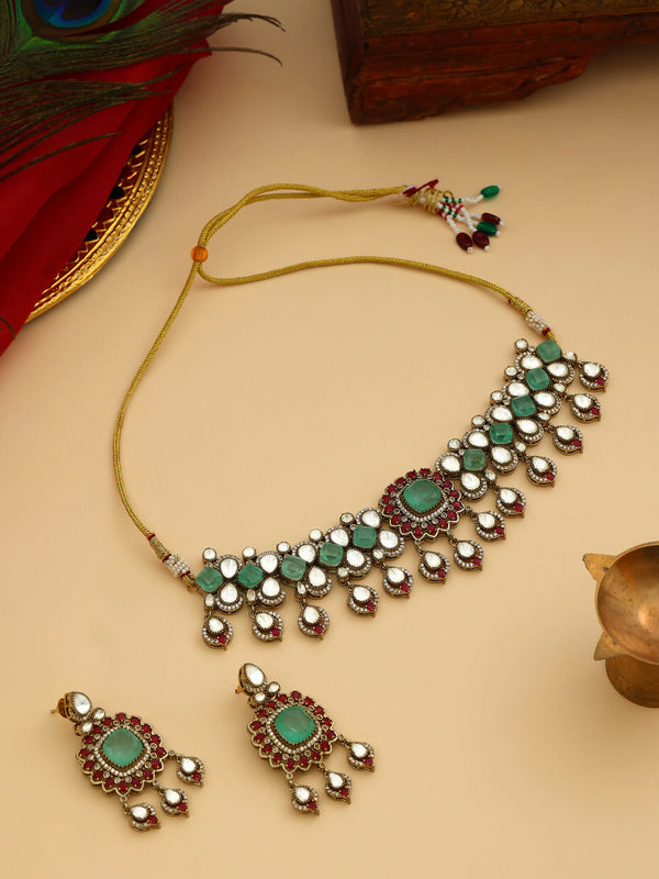 Ruby Raang 22k Gold Polished Stonework Moissanite Choker With Earrings