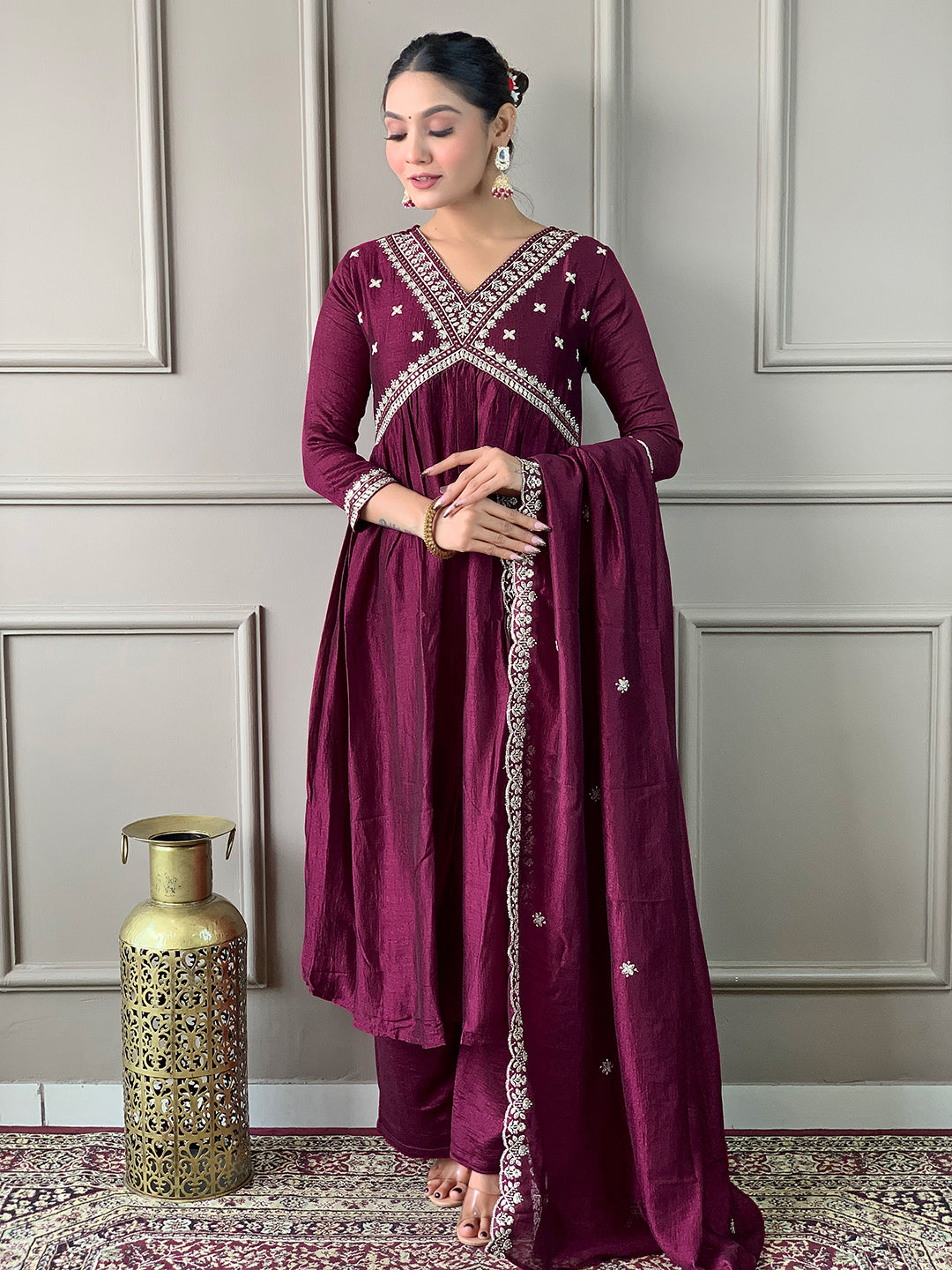 The52 Embroidered Vichitra Silk Fabric Straight Kurta, Pant and Dupatta Set