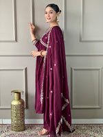 Thumbnail for The52 Embroidered Vichitra Silk Fabric Straight Kurta, Pant and Dupatta Set