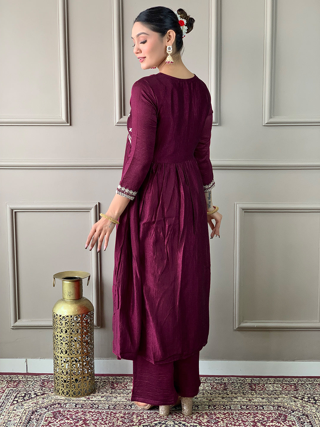 The52 Embroidered Vichitra Silk Fabric Straight Kurta, Pant and Dupatta Set