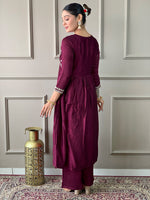Thumbnail for The52 Embroidered Vichitra Silk Fabric Straight Kurta, Pant and Dupatta Set