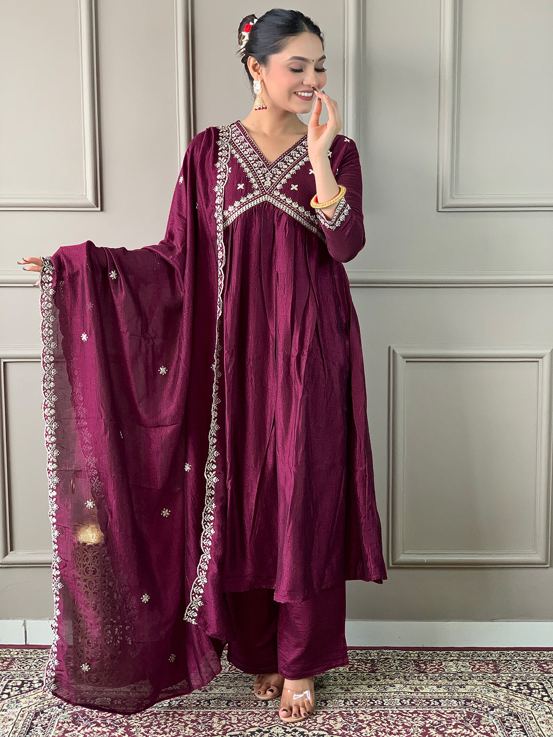 The52 Embroidered Vichitra Silk Fabric Straight Kurta, Pant and Dupatta Set