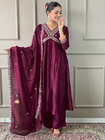 Thumbnail for The52 Embroidered Vichitra Silk Fabric Straight Kurta, Pant and Dupatta Set