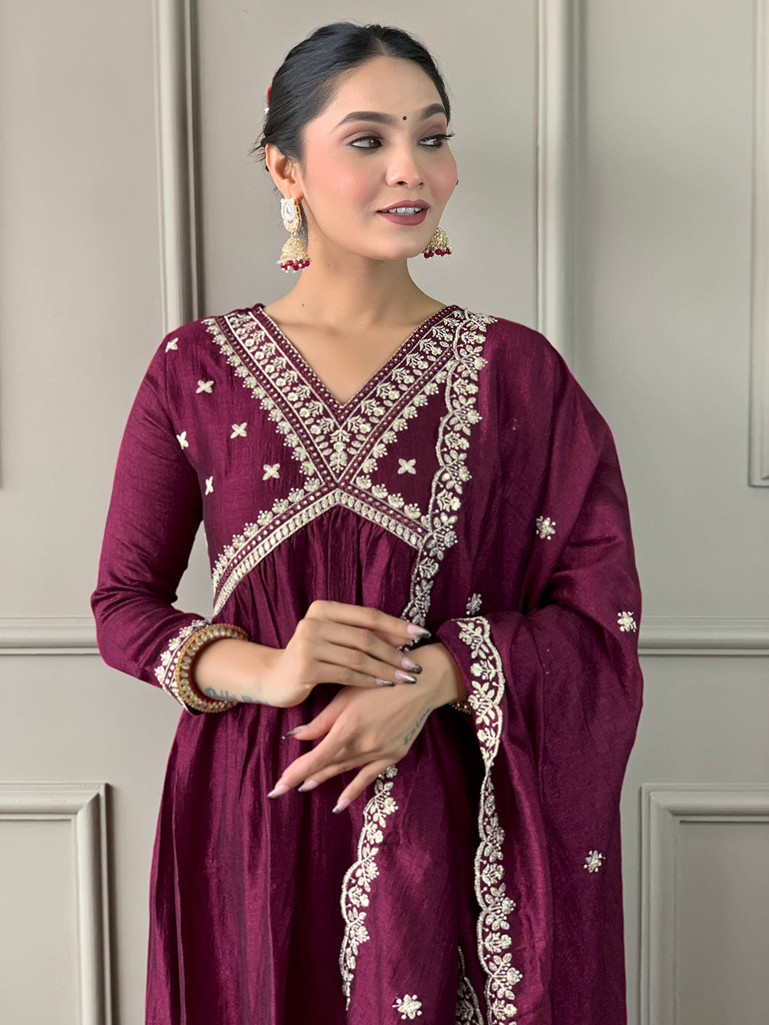The52 Embroidered Vichitra Silk Fabric Straight Kurta, Pant and Dupatta Set