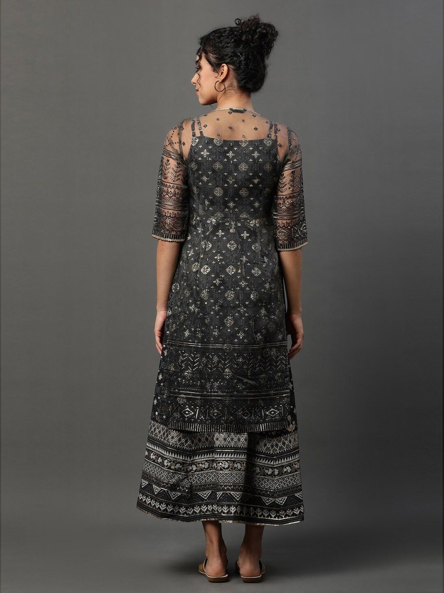 AURELIA Ethnic Motifs Printed Shoulder Straps Ethnic Dress With Jacket